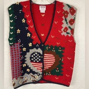Skyr Sportswear Vintage Novelty 100% Wool Patriotic Heart Floral Hand Knit Vest